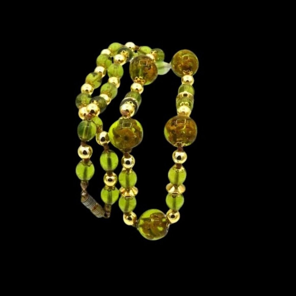 Vintage Chartreuse & Gold Fleck Glass Bead Necklace 24.5"